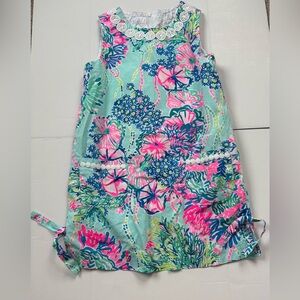 Lilly Pulitzer Girls Aqua Floral Shift Dress with Pink & Blue Accents